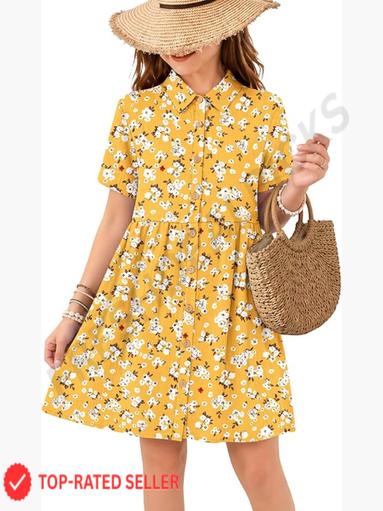 Girls Babydoll Dress Summer Short Sleeve Loose Button Down Swing Mini Pockets